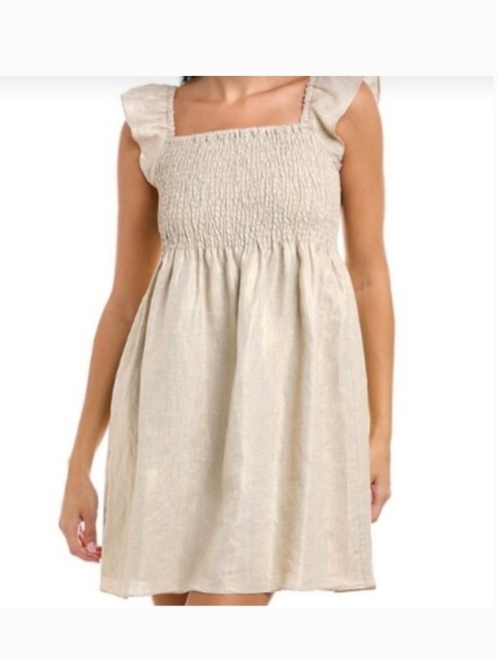 STS Sail To Sable Smocked Sleeveless Mini Dress S Linen Maiden Peasant Beach #34
